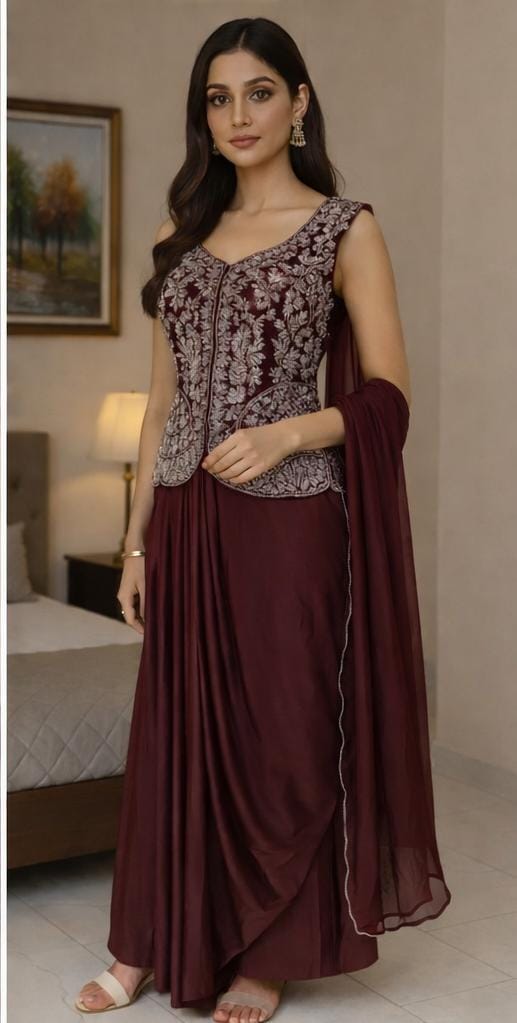Indowestern Wine Color Party Dress