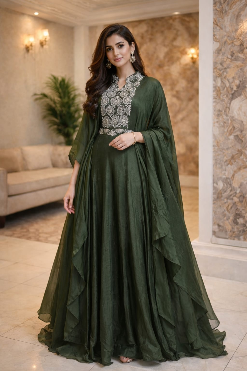 Indowestern Green Color Party Wear Dress