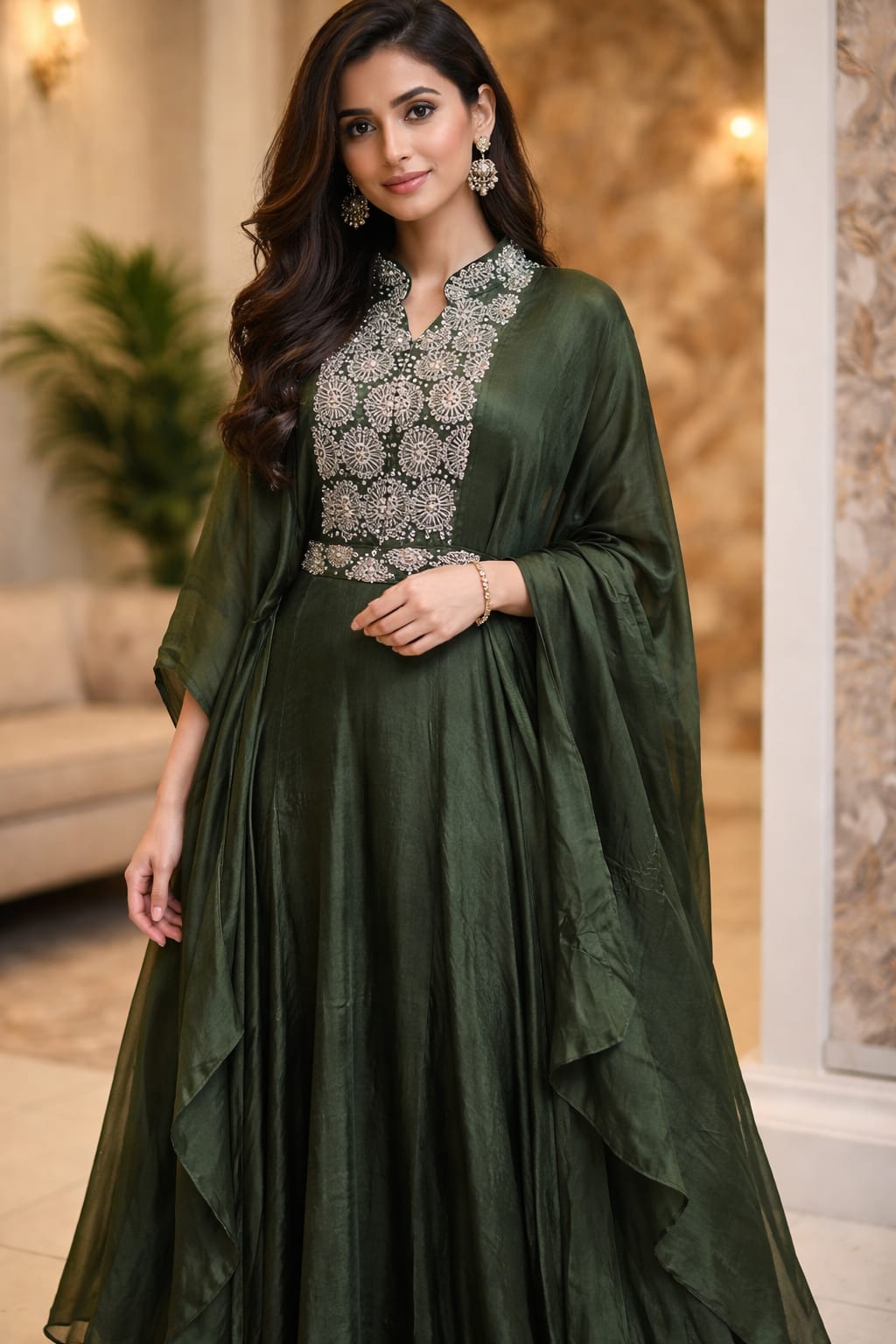 Indowestern Green Color Party Wear Dress