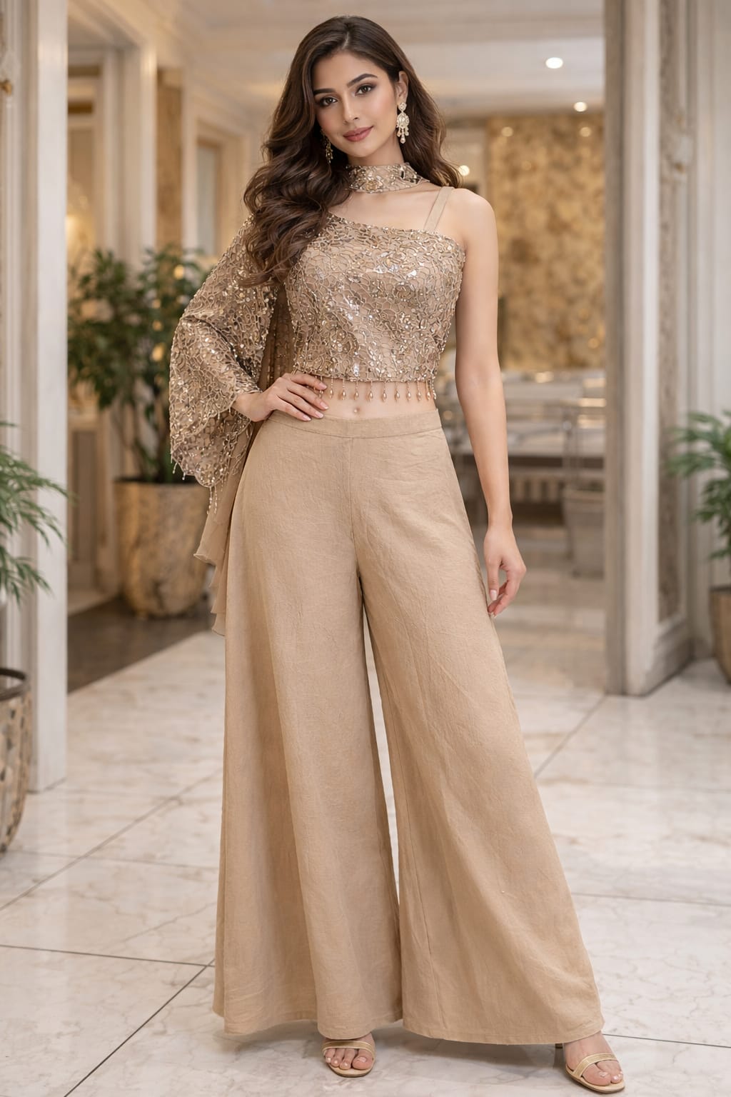 Indowestern Beige Color Top & Plazzo