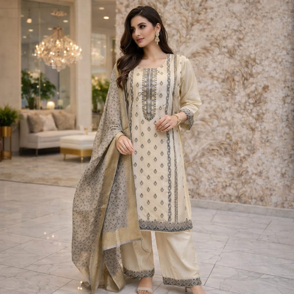 3 Piece Suit Set Premium Cotton With Self Print