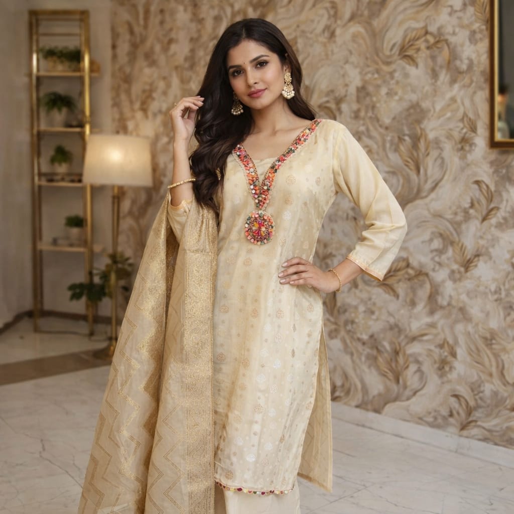 Pure Chanderi Silk With Brocade 3 Piece Suit Set Cream Colour