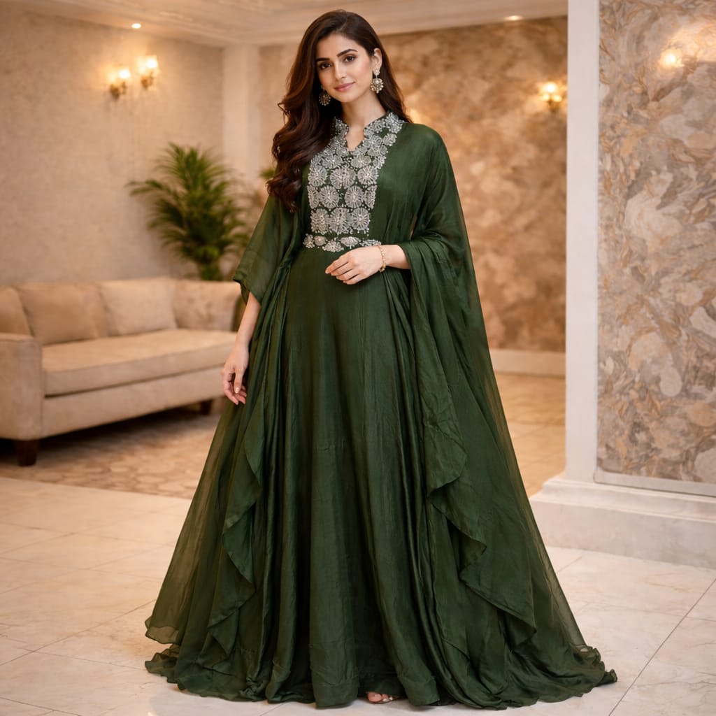 Indowestern Green Color Party Wear Dress
