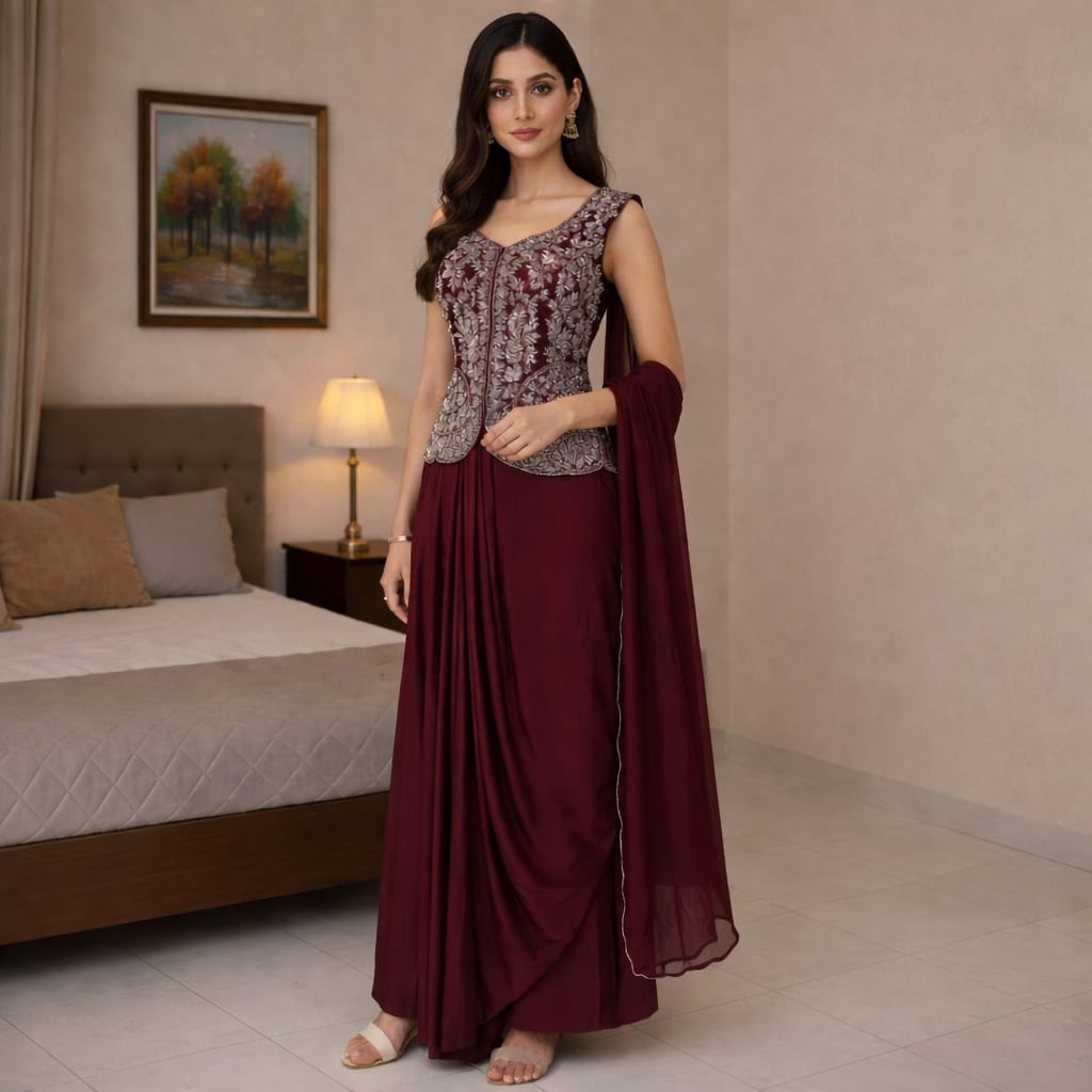 Indowestern Wine Color Party Dress