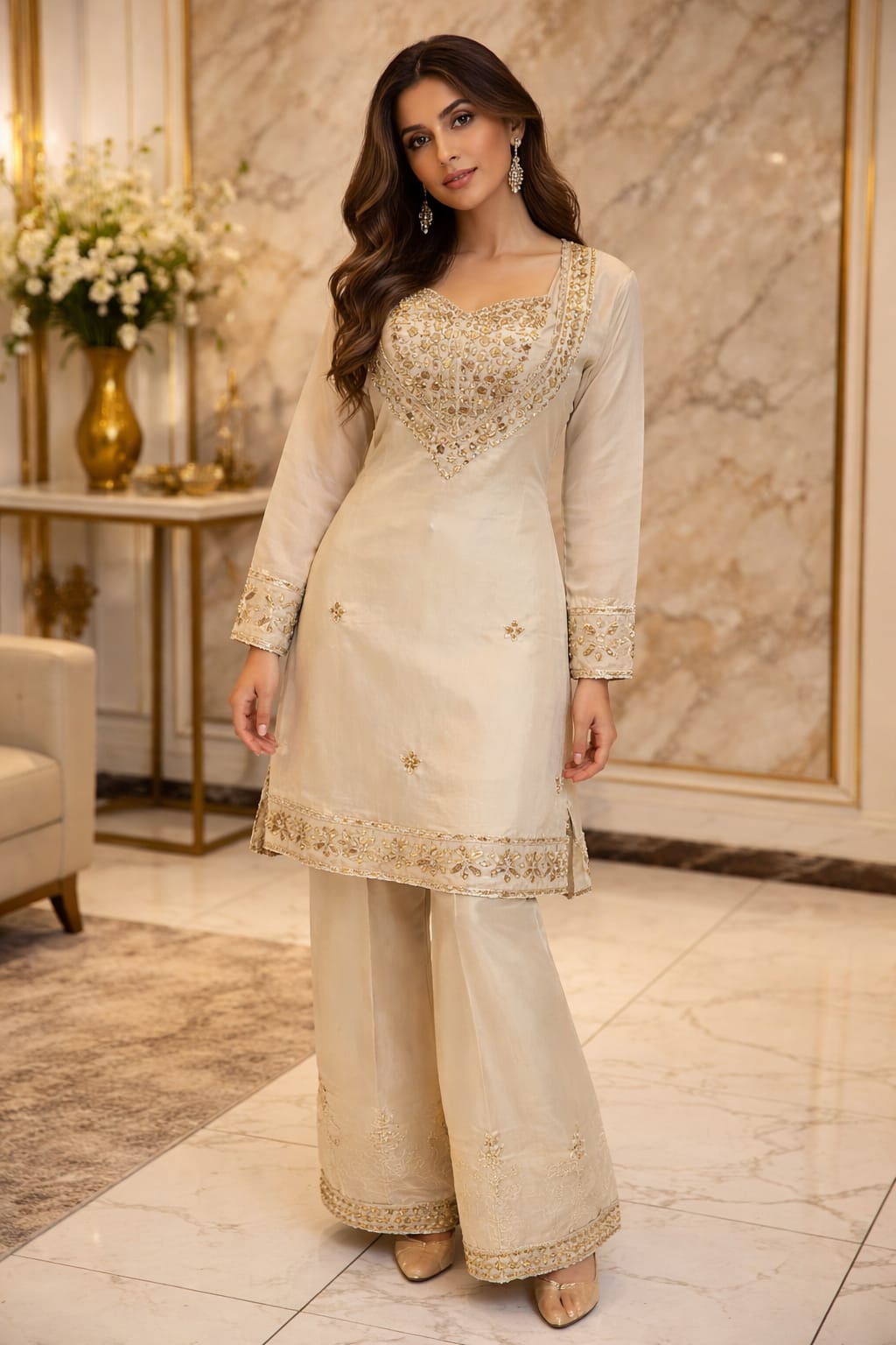 Indowestern Ivory-White Colour Mirror Work