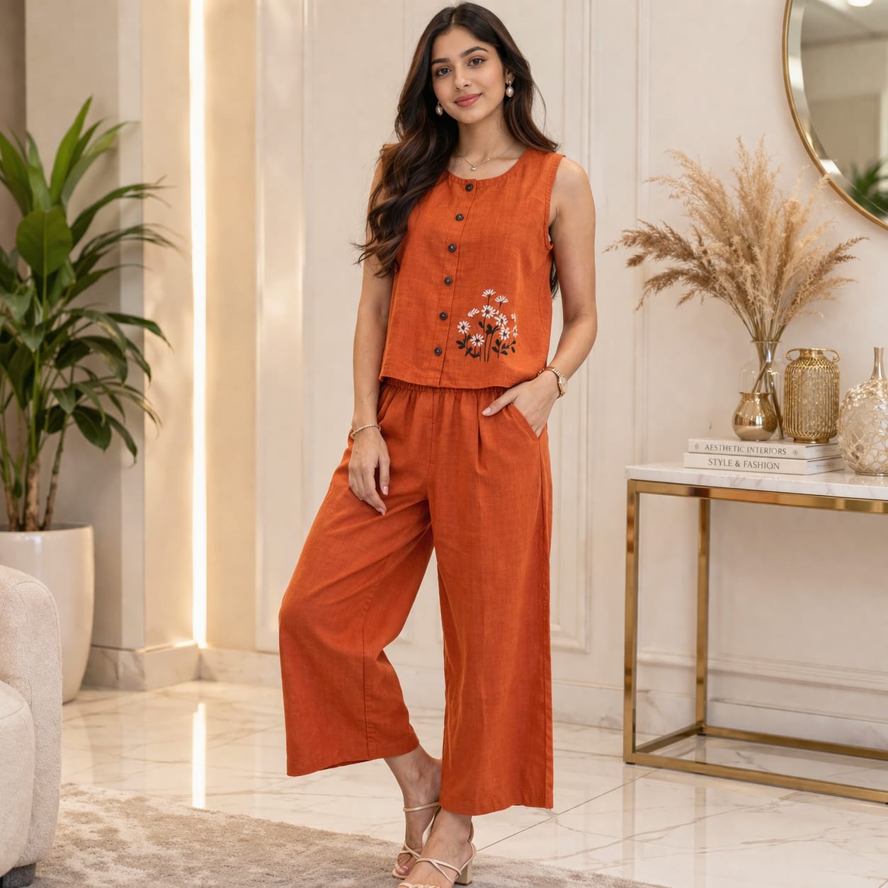 Summer Co-ord Set With Embroidery Work Free Size