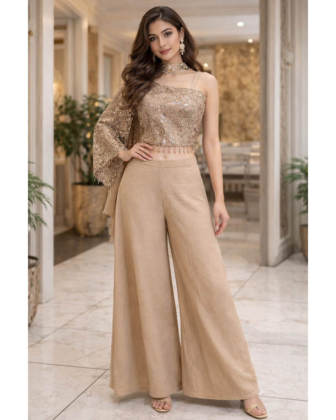 Indowestern Beige Color Top & Plazzo